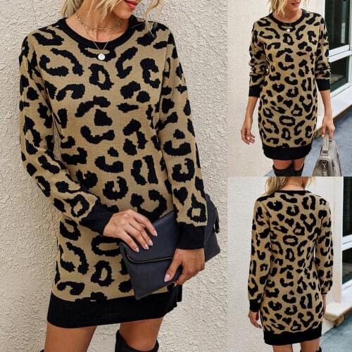 Winter Women Long Sleeve Mini Bodycon Sweater Dress Leopard Print Knit Pullover