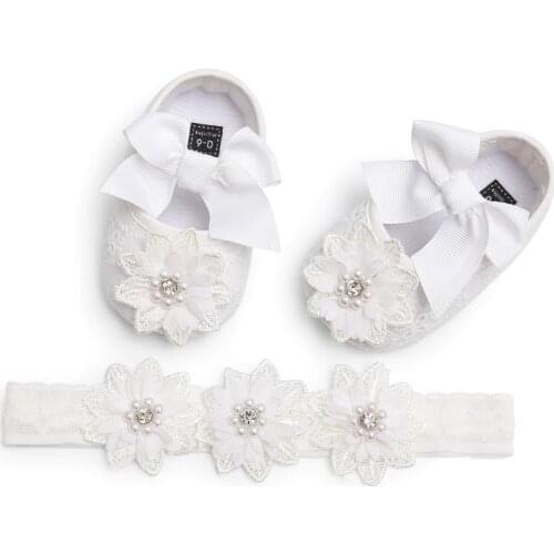 2PCS Newborn Girls Bowknot Shoes + Headband Baby Footwear Infant Girl Lace Floral Soft Shoe Spring First Walkers 0-18M