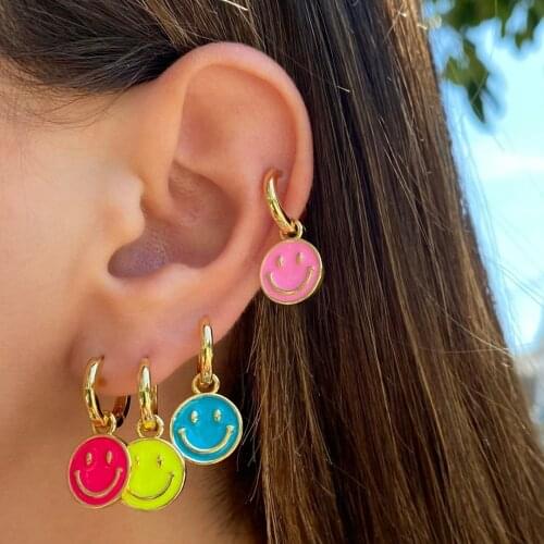 5 Pairs, New Arrived Fashion Jewelry Gold Color Enamel Smile Smiley Face Charm Dangle Earring