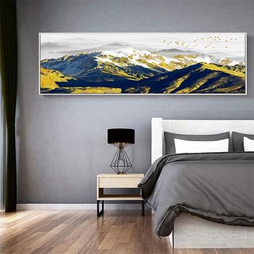Abstract Natural Golden Birds Snow Mountain Landscape Oil Painting Posters and Prints Wall Art Canvas Painting for Living Room