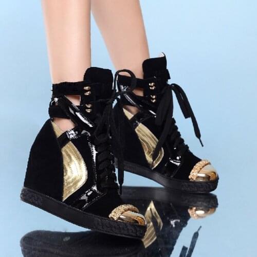 Desginer Metal Golden Toe High Top Wedge Patchwork Sneaker Women Back Zip Inner Height Increased Suede Mixed color Casual Shoes