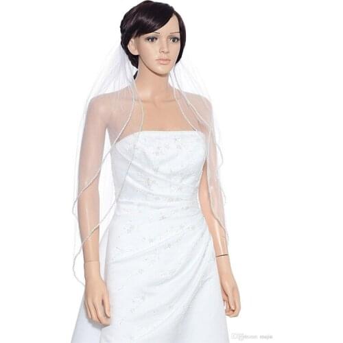 Real Picture Two Layer Rhinestones Edge Wedding Veils White Ivory Fingertip Length Bridal Vail with Metal Comb