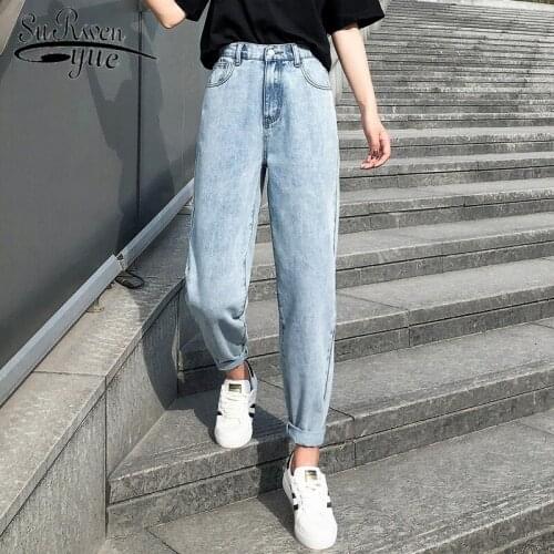 High Waist Jeans Woman Plus Size Boyfriend Jeans Streetwear 2020 Loose Elastic Waist Vintage Washed Cotton Denim Trouser 10424