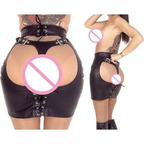 PU Leather Elastic Spanking Bondage Hip Mini Skirts Womens Sexy Night Club Exotic Open Crotch Bare Ass Skirt Plus Size S-XXL