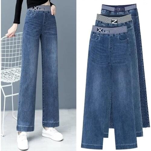 Elastic High Waist Embroidery Wide Leg Pants Jeans 2021 Vintage Straight Pants Slim Women Plus Size Spring Autumn Denim Pants
