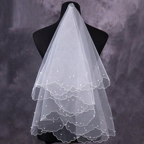 Women Pearl Bridal Veils Wedding Dress Veil Layers Tulle Ribbon Edge Wedding Accessories Wedding Decoration