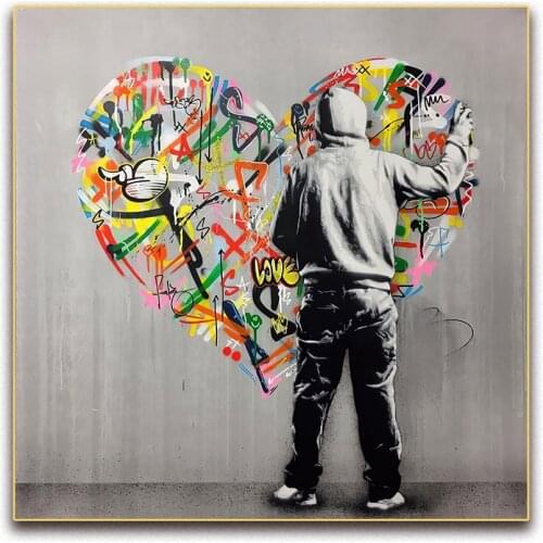 Graffiti Street Art Man Painting Heart Love on Wall Painting Colorful Zebra Posters and Prints Home Decor Decoracion Para Sala