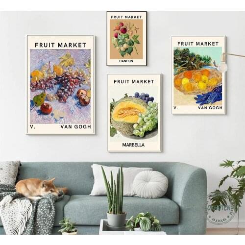 Van Gogh Fruit Market Poster Hami Melon Raisin Canvas Painting Abstract Grape Cantaloupe Wall Art Print Pictures for Living Room