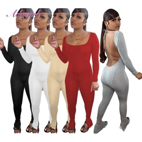 Fitness Sportwear Jumpsuit Solid V Neck Lace Up Backless Bandage Active Jumpsuits Women Casual Long Sleeve Autumn Outfit Rompers
