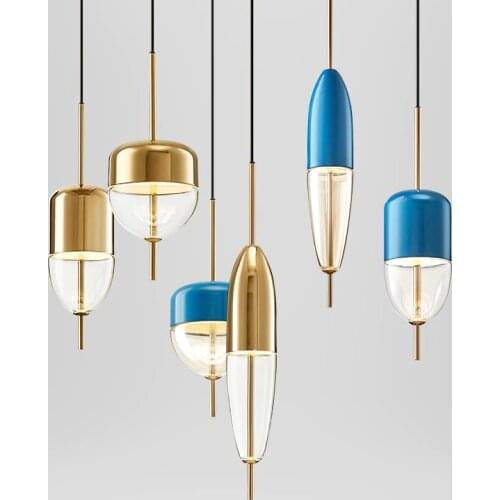 Fashion creative restaurant bar table designer Led chandelier Post-modern golden blue water drop glass hanging light fixtures