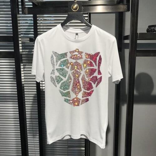 100% Cotton Top Brand Quickly Send Summer Mens T-Shirt Diamond Design Shiny Leopard Short Sleeves