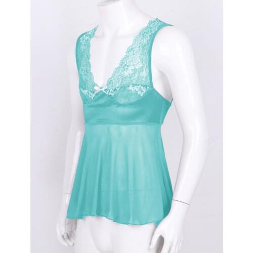 Mens Sissy Lingerie Tanks V Lace Floral Mesh See-through Mini Dress Babydolls Sleepwear Lace Gay Male Exotic Apparel Costumes