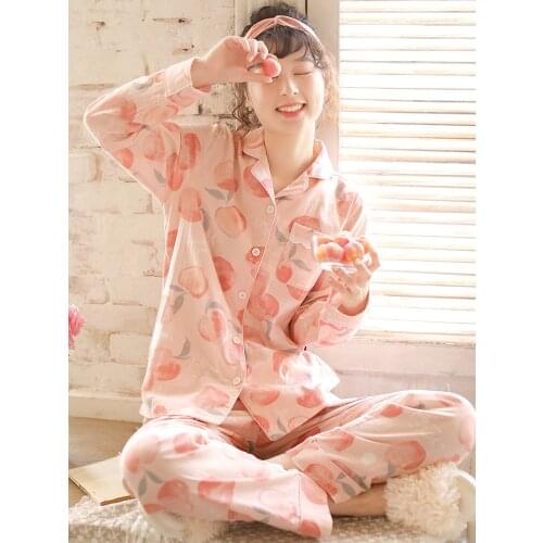 New long Sleeve Pajamas Set for Women cotton Sleepwear 2Pcs Nightwear Cute Peach Print Homewear autumn Lounge Pyjamas