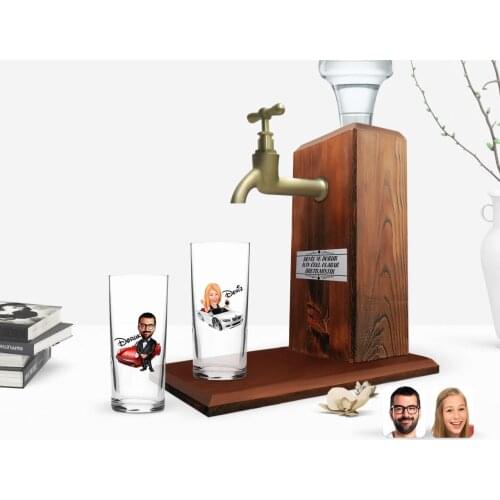 Personalized Colorful Printed Boss Caricature Of Dual Arrack cup And Wood Rack Stand Gift Seti-3