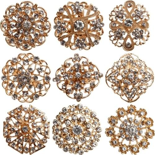 Plated Meta Rhinestone Crystal Gold Flower Brooches Pins For Wedding Bouquet Brooch Pin For Bridal Party Bags Clothes Gift Box