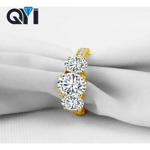 QYI 14K Solid Yellow Gold Three Stone Rings Luxury Fashion Zirconia Wedding Engagement Rings For Women Fine Jewel