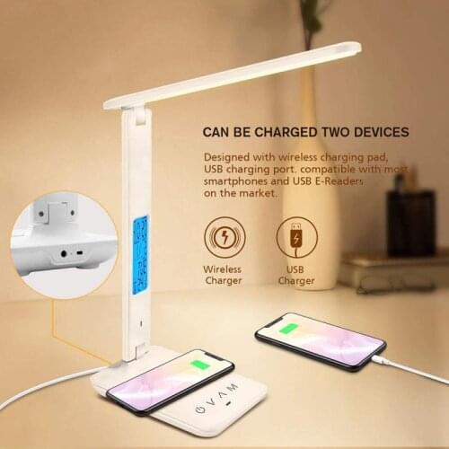 LED Desk Lamp With Calendar Temperature Alarm Clock Eye Protect 10W QI Wireless Charging Touch Dimming Business Light Table Lamp