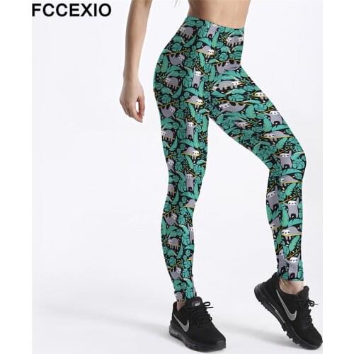 FCCEXIO Women Workout Leggings High Waist Fitness Legging Cute Sloth Leaves Print Leggins Female Leg Pants Large Size Leggings