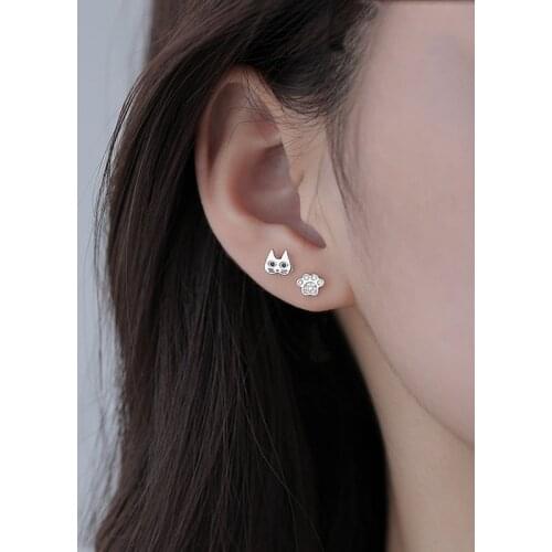 VENTFILLE 925 Sterling Silver Cute Creative Female Asymmetric Cat Earrings