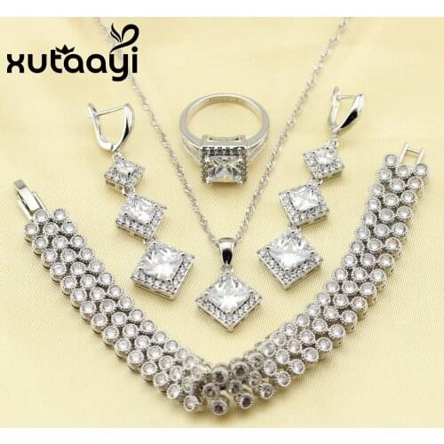 Pretty Square White AAA Cubic Zirconia Silver color Color Jewelry Sets Bracelets/Necklace/Pendant/Long Earrings/Rings For Women