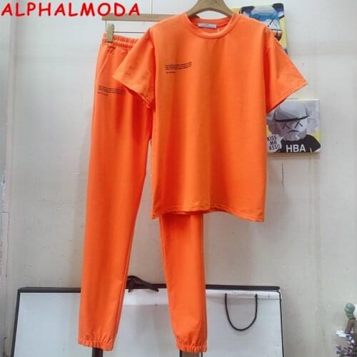 ALPHALMODA 2021 Spring New Arrival Short-sleeved Letter Tshirt + Jogger Pants Women 2pcs Fashion Suit