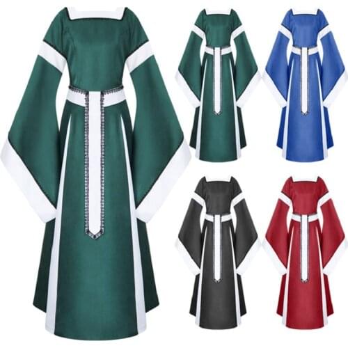 Halloween Women European Medieval Retro Court Princress Cosplay Costume Long Dress Elegant Witch Square Collar Masquerade Wear
