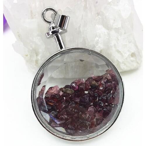 Bohemia style red crystal glass irregular gravel stone round pendant women fit diy long chain gift silver-color jewelry B3074