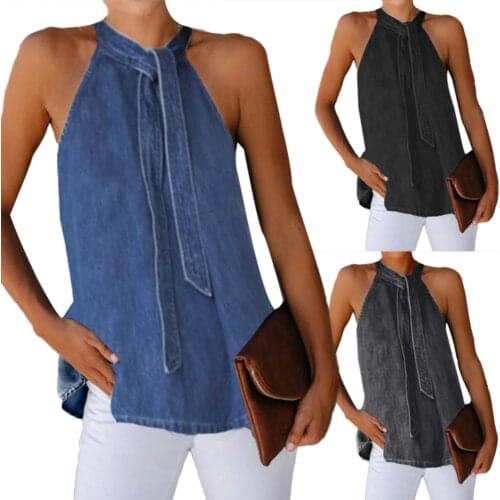 Women Solid Color Vest Sleeveless Back Button Neck Bandage Halter Blouse Top Fashion Clothing