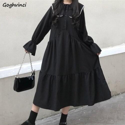 Long Sleeve Dress Women Black Pleated Peter Pan Collar Maxi Dresses Leisure Preppy Style Fashion Streetwear Harajuku Fall Retro