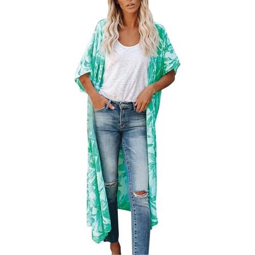 Green Boho Vintage Women Long Kimono Floral Print Cardigan Maxi Shawl Tops Beachwear Open Front Maxi Kimono For Womens Loose