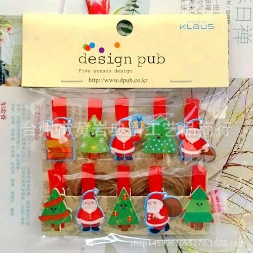 10pcs/lot kawaii Santa Claus Wooden Clip Photo Clothespin Craft Clips Party Decoration Clip with Hemp Rope