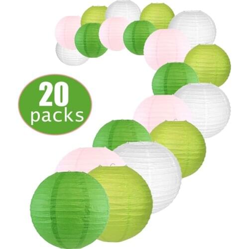 20 pcs 6"-12" Green Paper Lantern Light Green Light Pink Chinese Ball Round Mixed Size papier lampion Wedding Xmas Hanging Decor