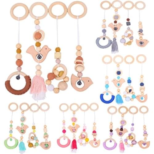 4 Pcs/Set Baby Gym Frame Stroller Hanging Pendants Wooden Ring Teether Molar Teething Nursing Rattle Toys Infant Room Decoration