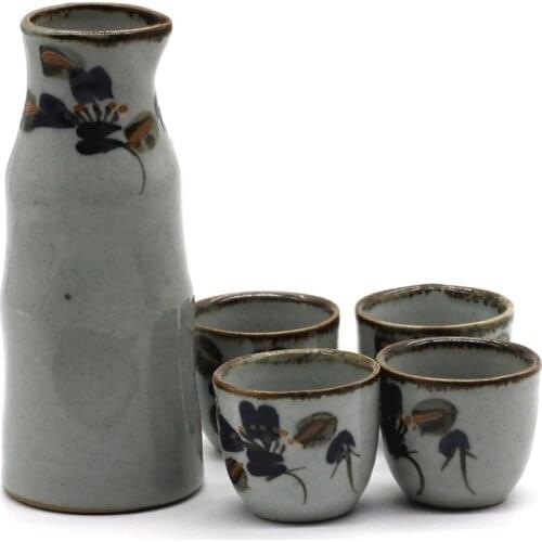 5pcs Simple Handmade Stone Flower Pottery Japanese Style Sake Set Sake Wine Pot Sake Wine Cup Gift Ceramics 1 Flagon 4 Cups