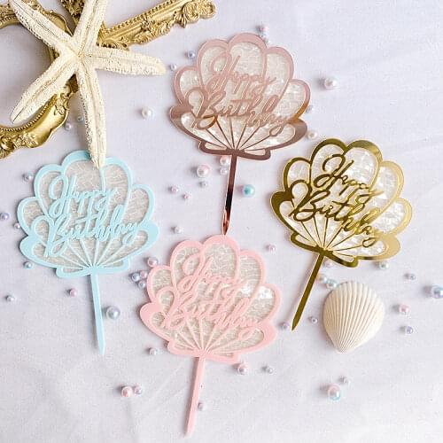 Acrylic Ocean Series Shell Happy Birthday Cake Topper Candy Bar Baby Shower Kids Party Decoration Supplies Girl Favors