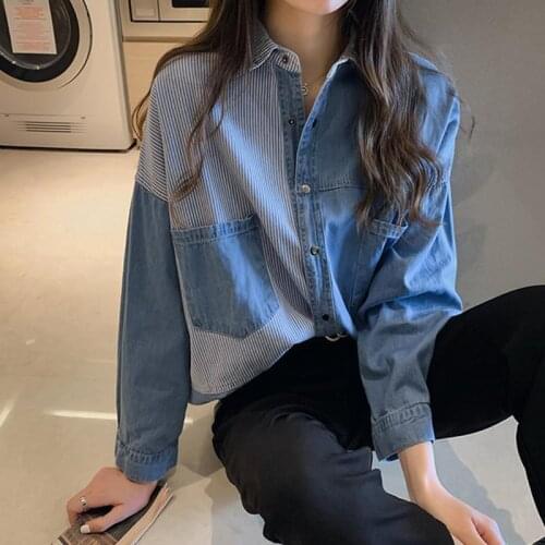 Blouse Women Shirt Denim Shirt Womens Autumn Clothing Long Sleeve Stitching Baggy Coat Denim Shirt Blusas Ropa De Mujer