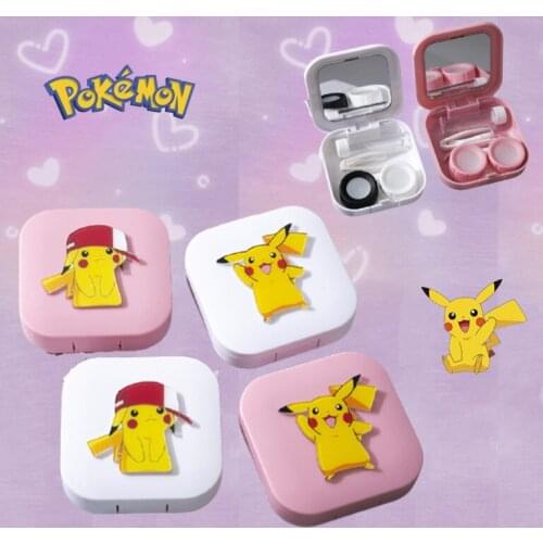 Pokemon Pikachu Girls Cartoon Contact Lens Case Portable Small and Cute Cosmetic Case with Mirror Contact Lens Storage Box