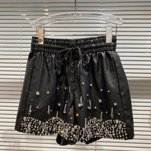 European Autumn New Heavy Industry Large Rhinestone Beaded Elastic Waist Three-point Wide-leg PU Leather Shorts Women 2021