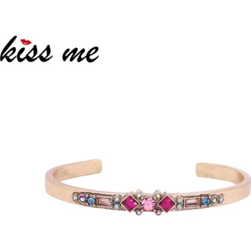 Kissme Exquisite Multicolor Rhinestone Bangle For Women Vintage Gold Color Environmental Alloy Cuff Bracelet New Fashion Jewelry