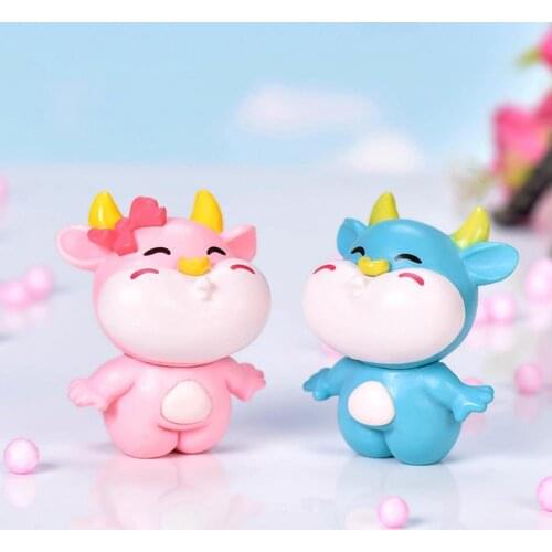 2Pcs Mini Chinese Cartoon Cow Lucky Bullish Shape Resin Crafts DIY Micro Landscape Bonsai Tabletop Home Car Ornaments Gift
