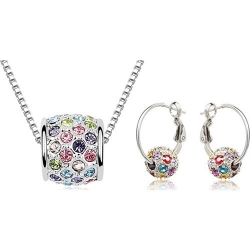 Hot Selling Austria Crystal ball silver plated necklace and earrings set Shambala classic design