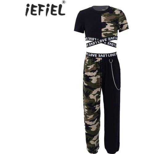 Kids Girls Clothes Sets Camouflage Letter Print Tanks Crop Tops+Pants Children Clothing Summer Teen Workout Dancewear Sports Set