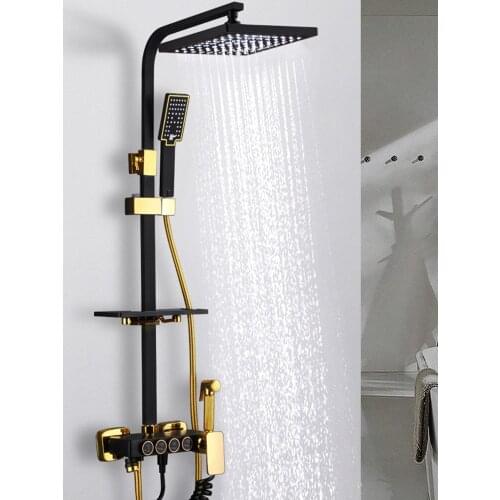 Copper Bathroom Shower Faucet Set Rainfall Wall Mounted Constant Temperature Mixer Tap 8" Top Head With Handheld Black & Gold