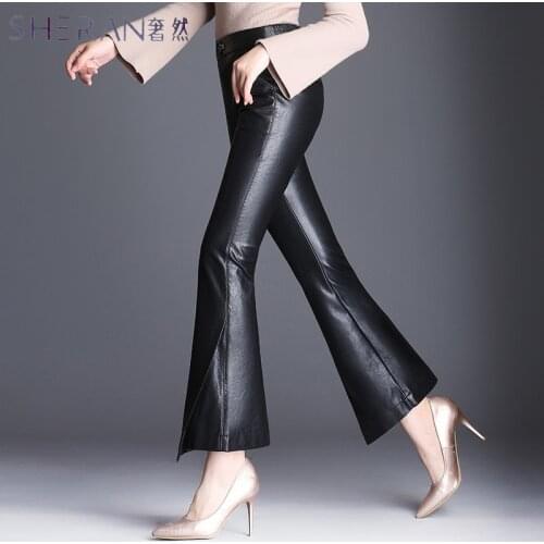 Fashion Leather Pants Women 2018 Spring Casual Flare Pants PU Leather high waist Trousers Plus Size Trousers Pantalon Femme