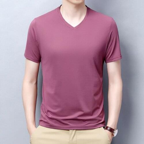 Men V Neck Plain Short Sleeve Casual Fashion 2021 Men Clothes High Quality Ice Silk Tops Brand Summer Solid Color T Shirt