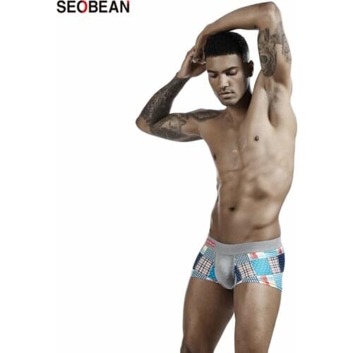 SEOBEAN Mens Underwear Medium Waist Digital Printing Patchwork U-Pouch Bag Push Up Shaping Boxers