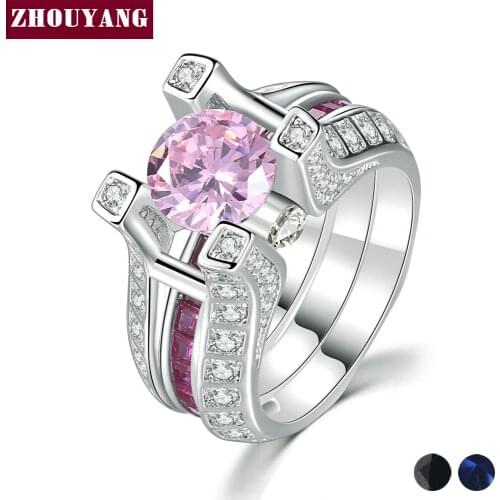 ZHOUYANG Ring Sets For Women Luxury 2 Rounds Pink Blue Black Cubic Zirconia Silver Color Gift Fashion Jewelry YG025 YG026 YG027