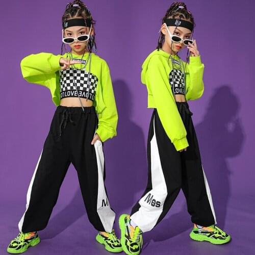New Kids Green Hooded Tops Casual Black Pants For Girls Hip Hop Clothing Modern Street Dance Wear Festival Rave Clothes BL6866