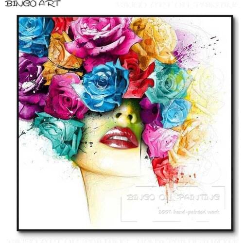 Excellent Artist Hand-painted High Quality Lady with Multi Flowers Oil Painting on Canvas Beauty Color Lady Figure Oil Painting