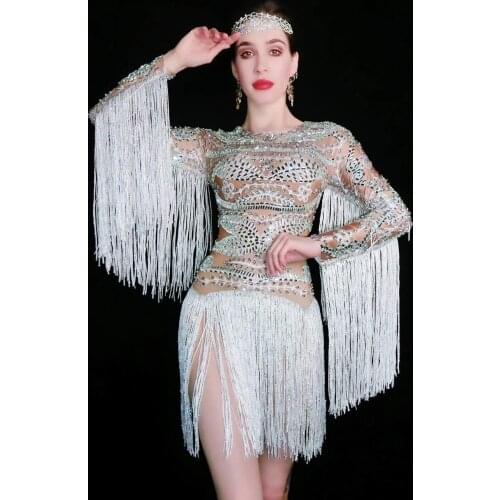 Silver Crystals Fringes Transparent Dress Dance Bodysuit Women Evening Celebrate Costumes Outfit Prom Birthday Stones Dress